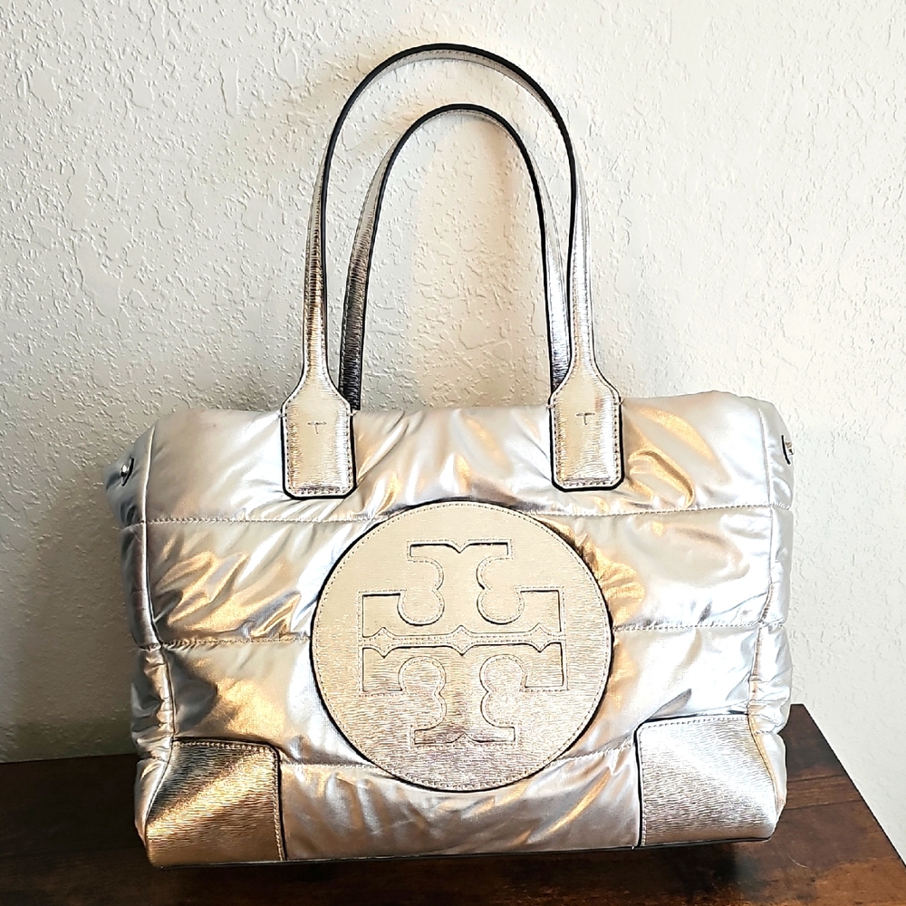 Tory Burch Silver Tote Bag with Iconic Medallion and Quilted Finish